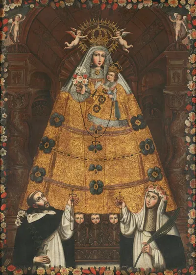 Our Lady of the Rosary with Saint Dominic and Saint Rose by Cusco School — digital art print download