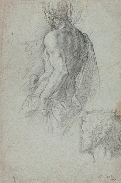 Draperet mandlig model og et skægget mandshoved by Хендрик Крок, 1671 – 1738 — digital art print download