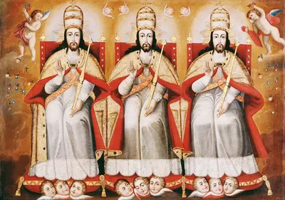 The Enthroned Trinity as Three Identical Figures by Cusco School — digital art print download