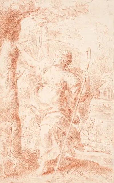Hyrdinde, der ridser i en træstamme by Хендрик Крок, 1686 – 1738 — digital art print download