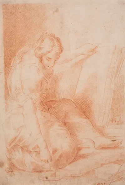 Kvinde skrivende i en foliant. (Fama) by Хендрик Крок, 1671 – 1738 — digital art print download