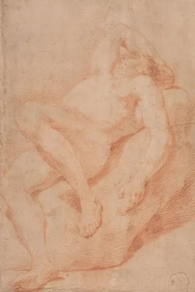 Mandlig modelstudie, halvtliggende by Хендрик Крок, 1671 – 1738 — digital art print download