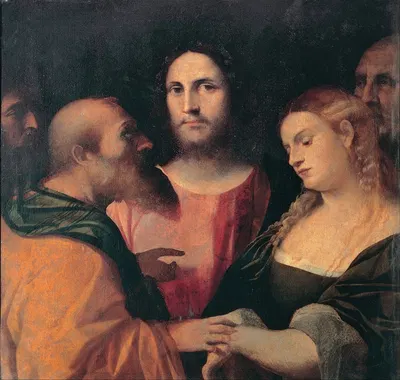 Jesus and the woman taken in adultery by Якопо Пальма Ил Веккьо, 1525 - 1528 — digital art print download