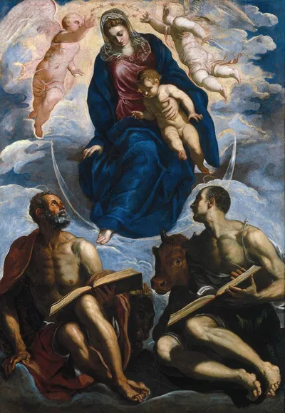Mary with the Child, Venerated by St. Marc and St. Luke by Jacopo Tintoretto — digital art print download