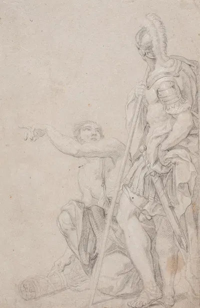 Stående soldat og knælende, pegende yngling by Хендрик Крок, 1671 – 1738 — digital art print download