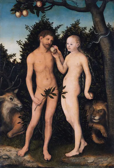 Adam and Eve in paradise (The Fall) by Lucas Cranach the Elder, 1533 — digital art print download