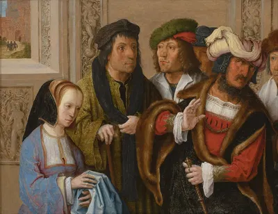 Potiphar's wife shows her husband Joseph's cloak. In the background; Joseph being taken to prison by Лукас Ван Лейден —…