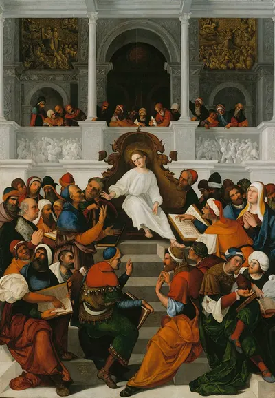 The Twelve-Year-Old Jesus Teaching in the Temple by Ludovico Mazzolino, 1524 — digital art print download