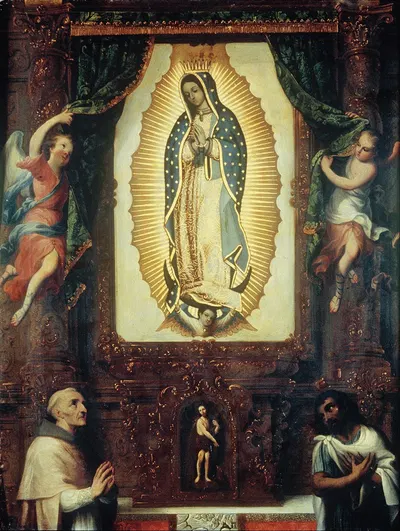 Altarpiece of the Virgin of Guadalupe with Saint John the Baptist, Fray Juan de Zumárraga and Juan Diego by Мигель Кабрера…