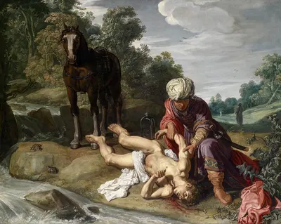 The Good Samaritan tending the wounds of the traveller by Pieter Lastman — digital art print download