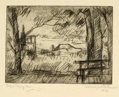 Udsigt over vand fra en beskygget sti med en bænk by Henry Nielsen, 1931 — digital art print download