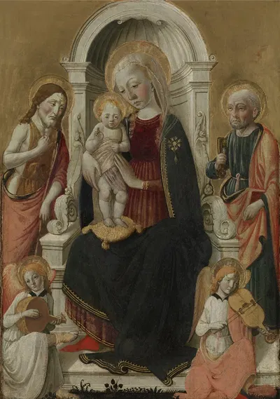 The Virgin and Child with Saint John the Baptist, Saint Peter and two Angels Making Music by Бьяджо д’Антонио — digital art…