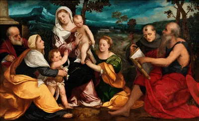 The Holy Family surrounded by Saints by Bonifacio Veronese, c. 1530 — digital art print download