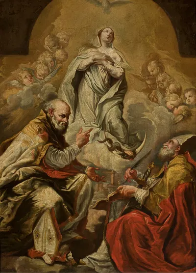 Adoration of Virgin Mary by St. Petronius and Dionysius the Areopagite by Giovanni Antonio Burrini — digital art print…