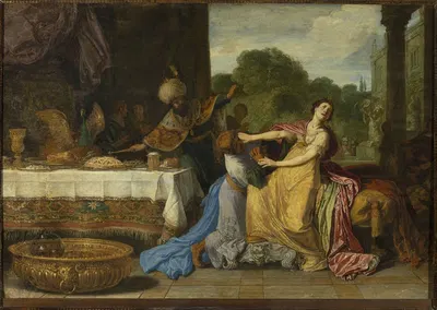 Haman begging the mercy of Esther (Esther 7-6-7) by Pieter Lastman, 1618 — digital art print download