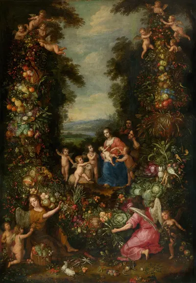The Holy Family with the Infant Saint John the Baptist surrounded by a Garland of Flowers, Vegetables and Fruit by Pieter…