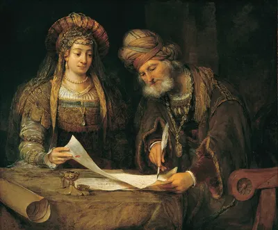 Ester y Mardoqueo escribiendo la primera carta del Purim by Аерт де Гелдер — digital art print download