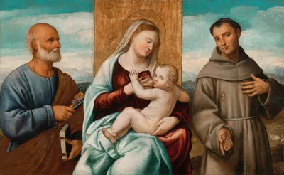 Madonna and Child with Saint Peter and Saint Francis by Бернардино Личинио — digital art print download