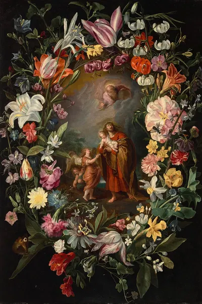 Saint John carrying the Christ Child with God the Father and angels surrounded by a garland of flowers by Франс Франкен…