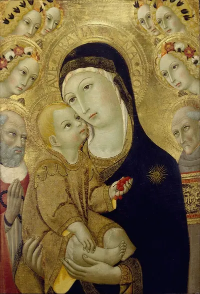 Virgin and Child with Saints Jerome and Bernardino of Siena and Six Angels by Sano di Pietro, 1460-1469 — digital art print…