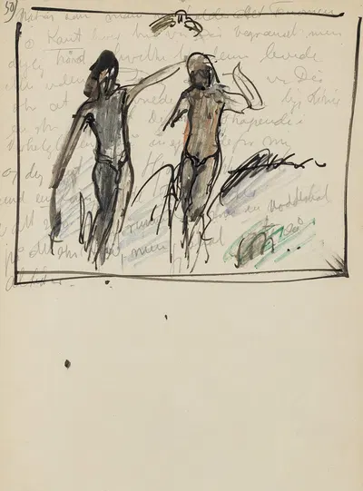 Studie af to stående figurer, næsten identiske med figurer i kunstnerens maleri 'Elskov_opus I' 1915 by Йенс Адольф Ерихау,…