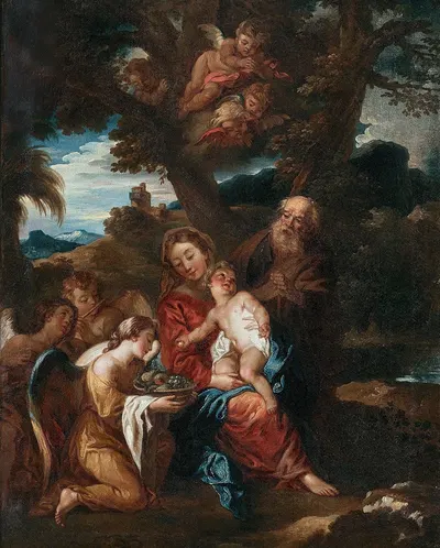 La Sainte Famille pendant la fuite en Egypte servie par les anges by Charles De La Fosse — digital art print download