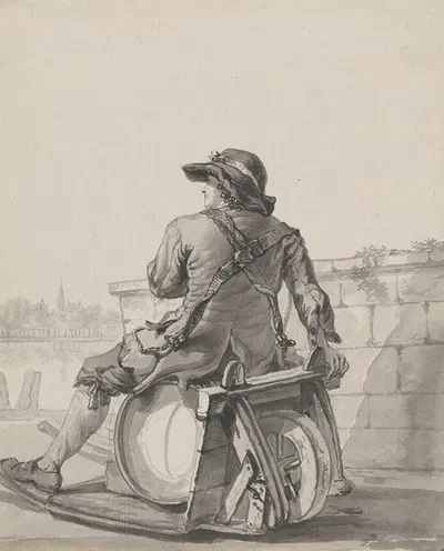 Man Sitting on a Cask on a Wheelbarrow by Jacob van Strij, c. 1787 — digital art print download