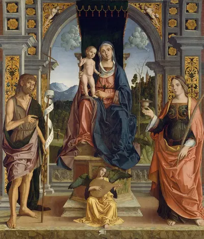 The Virgin and Child Enthroned, with Saints John the Baptist and Lucy by Marco Palmezzano, 1513 — digital art print download