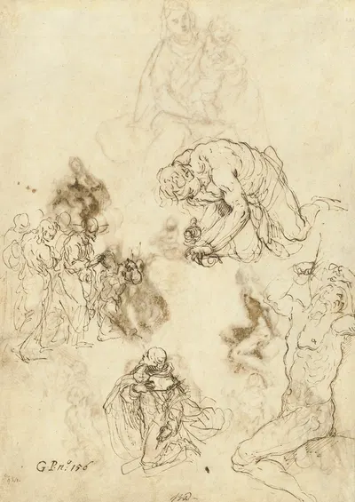 Studies of Christ Healing the Blind Man, Saint Philip Benizzi and Saint Sebastian by Якопо Пальма юный, c. 1611 — digital…