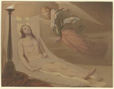 Christus im Grab, über ihm schwebend ein trauernder Engel by Эдуард фон Штайнле, 1851 — digital art print download