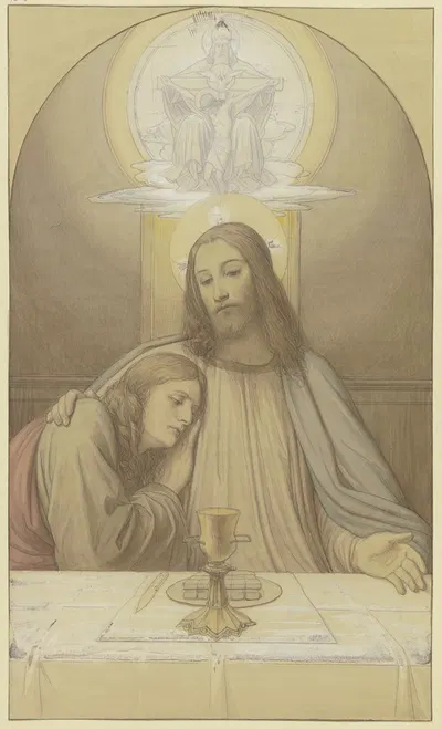 Christus mit dem Lieblingsjünger Johannes, Halbfiguren am Tisch des letzten Abendmahles, über ihnen die Dreifaltigkeit by…