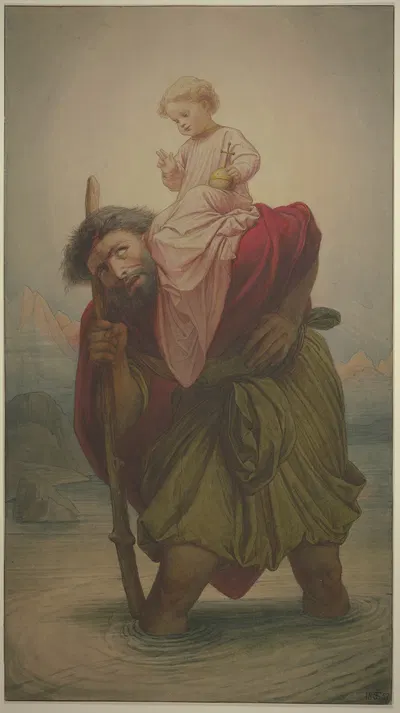 Der Heilige Christophorus mit dem Jesuskind im Fluß, 1857 by Эдуард фон Штайнле — digital art print download