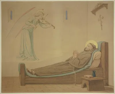 Der Heilige Franziskus in seiner Zelle; Ein Engel stillt des Sterbenden Sehnsucht nach Musik by Eduard von Steinle, 1855 —…