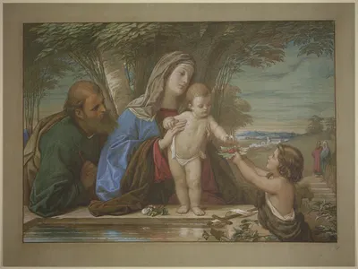 Madonna della Fontana; Die Heilige Familie mit dem Johannesknaben an einer Quelle by Эдуард фон Штайнле, 1854 — digital art…
