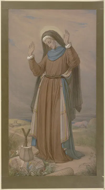 Maria, die Schmerzensreiche, am Kreuzweg wandelnd, den die Jünger mit Kreuzen bezeichnet hatten by Эдуард фон Штайнле, 1858…