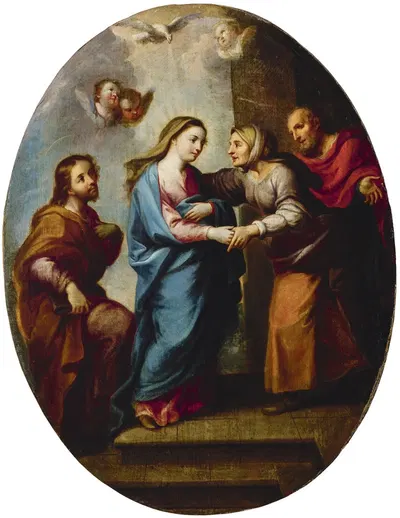 La Visitación de la Virgen María a su prima Isabel, con San José y Zacarías by Мигель Кабрера — digital art print download