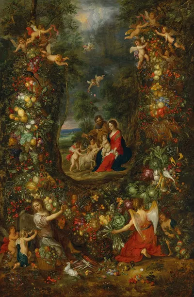The Holy Family surrounded by a garland of fruit supported by putti by Ян Брейгель младший — digital art print download