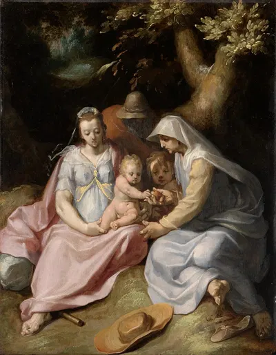 Taufe Christi; Die Heilige Familie mit der Heiligen Elisabeth und dem Johannesknaben im Walde by Корнелис Корнелисз ван…