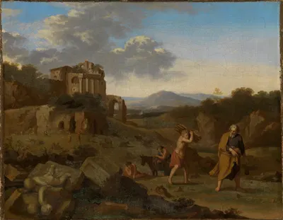 Italienische Berglandschaft mit Abraham und Isaak auf dem Wege zur Opferstätte by Cornelis van Poelenburg — digital art…