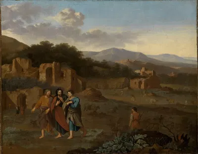 Italienische Berglandschaft mit Christus und den beiden Jüngern auf dem Weg nach Emmaus by Cornelis van Poelenburg —…