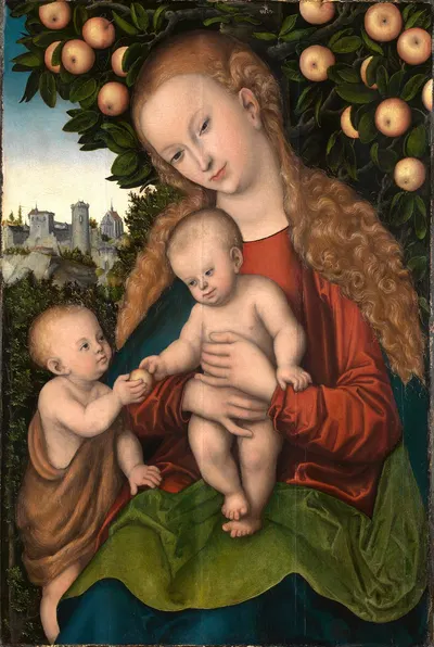 Maria mit dem Kind und dem Johannesknaben unter dem Apfelbaum by Lucas Cranach the Elder, 1535 — digital art print download