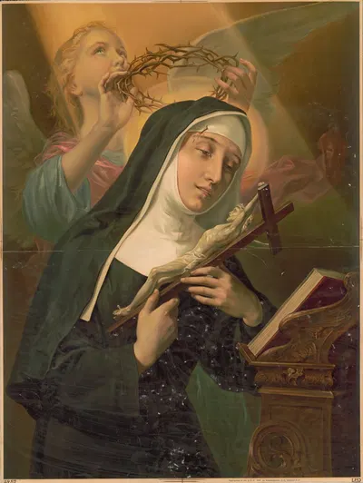 Female saint holding crucifix while crown of thorns is placed on her head by an angel by Кунстенштальтен А.Г., 1914 —…