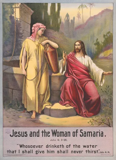 Jesus and the woman of Samaria by Stecher Litho. Co, 1905 — digital art print download