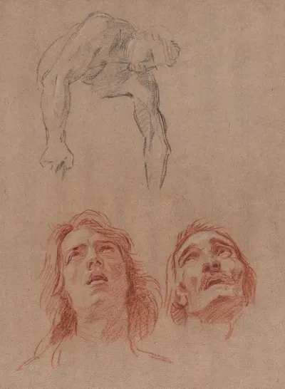 Man Reaching Down and Two Studies of Heads (recto) by Жан Жувенет — digital art print download
