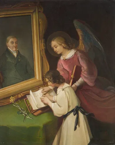 Girl with a Guardian angel, Writing in front of a Painting (Portrait of the Founder Ph. Merian) by Дионис Гантер, 1826 -…