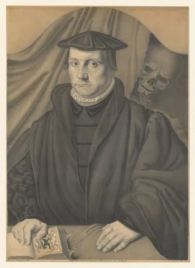 Portrait of a man with a skeleton behind him by Johann Nepomuk Strixner, 1823 — digital art print download