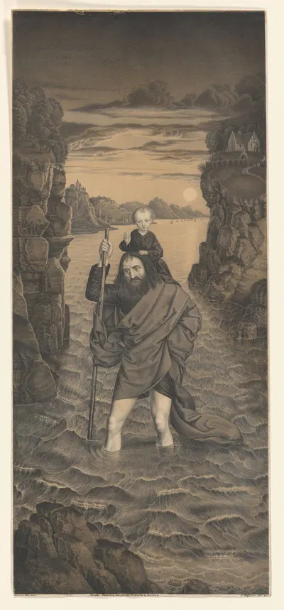 Saint Christopher crosses a river with the Christ Child on his shoulders by Johann Nepomuk Strixner, 1823 — digital art…