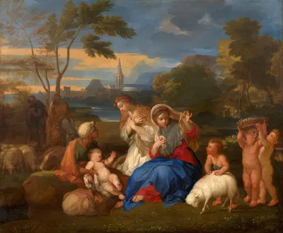 Le Repos de la Sainte Famille avec sainte Catherine by Себастьен Бурдон — digital art print download