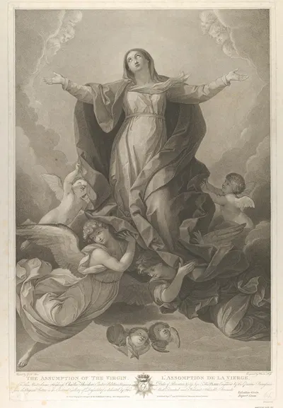 The assumption of the Virgin, who rises with arms outstretched, angels supporting her from below, after Reni by Карл Эрнст…