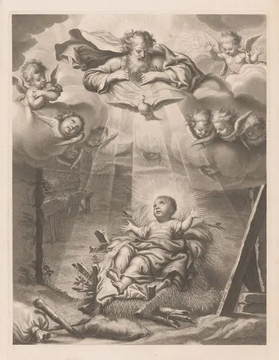 Christ in the manger with God the Father and the Holy Spirit above him by Франсуа де Пойи — digital art print download